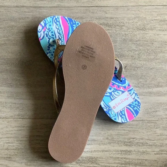 Lilly Pulitzer Vibrant Blue and Pink Flip Flops with Gold Straps - Picture 2 of 4